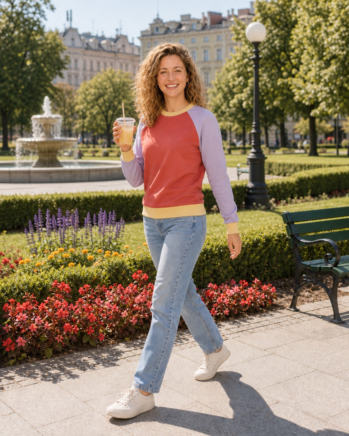 Bluza raglan koral i lawenda na modelce, z dżinsami, park (hover)