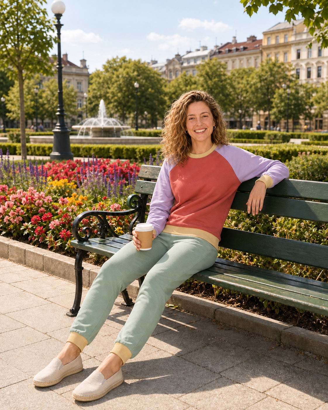 Bluza raglan koral i lawenda w komplecie z zielonymi spodniami, park