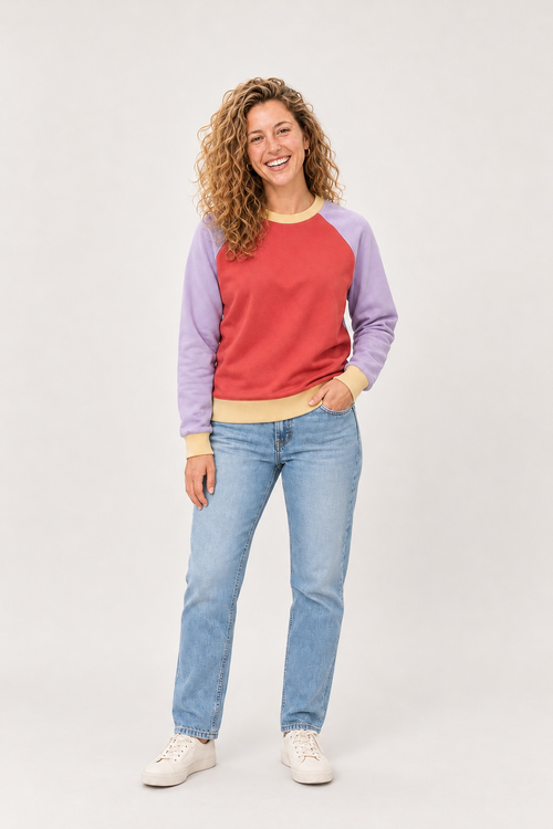 Bluza raglan koral i lawenda, przód, studio