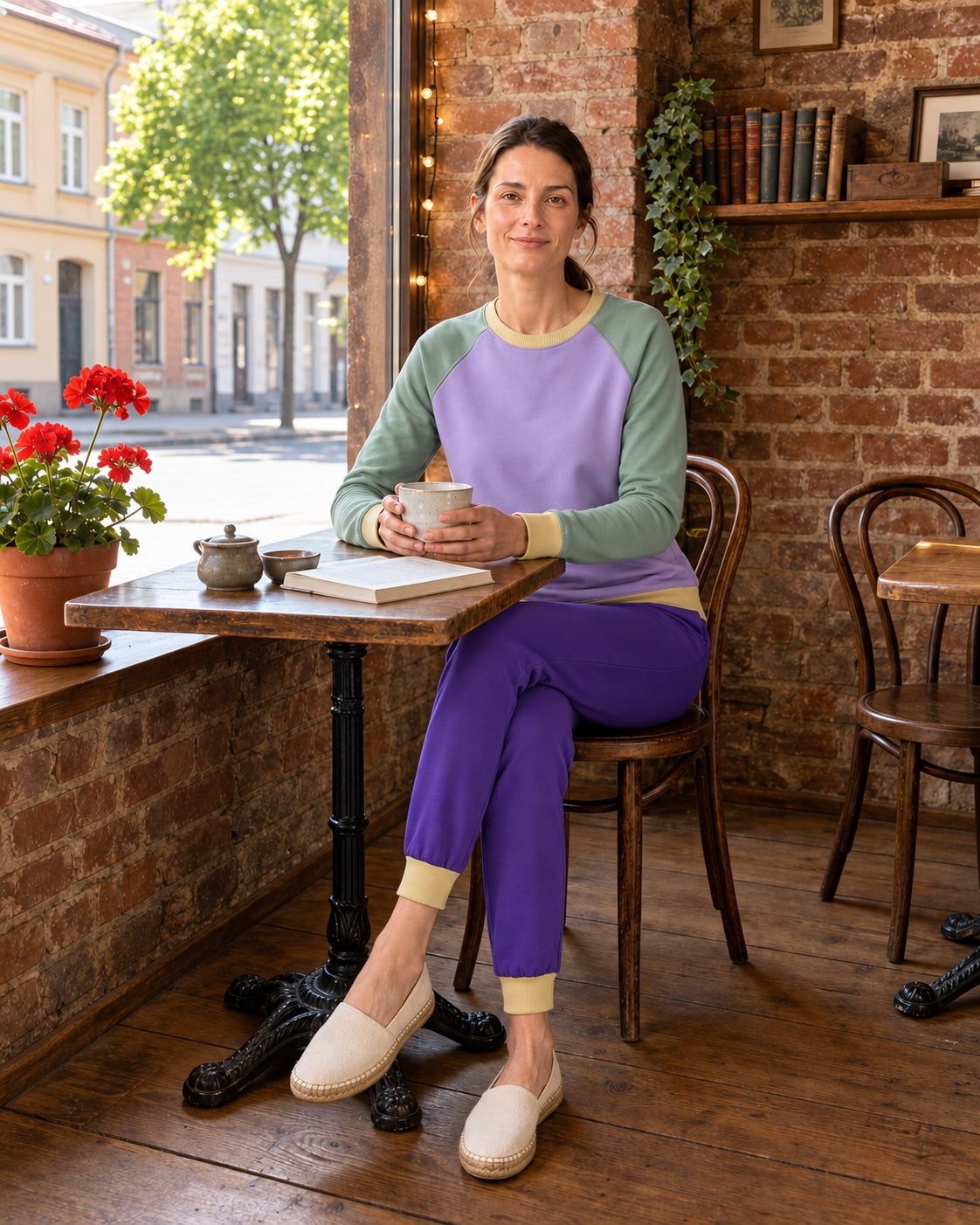 Bluza raglan lawenda i zieleń w komplecie z fioletowymi spodniami, kawiarnia