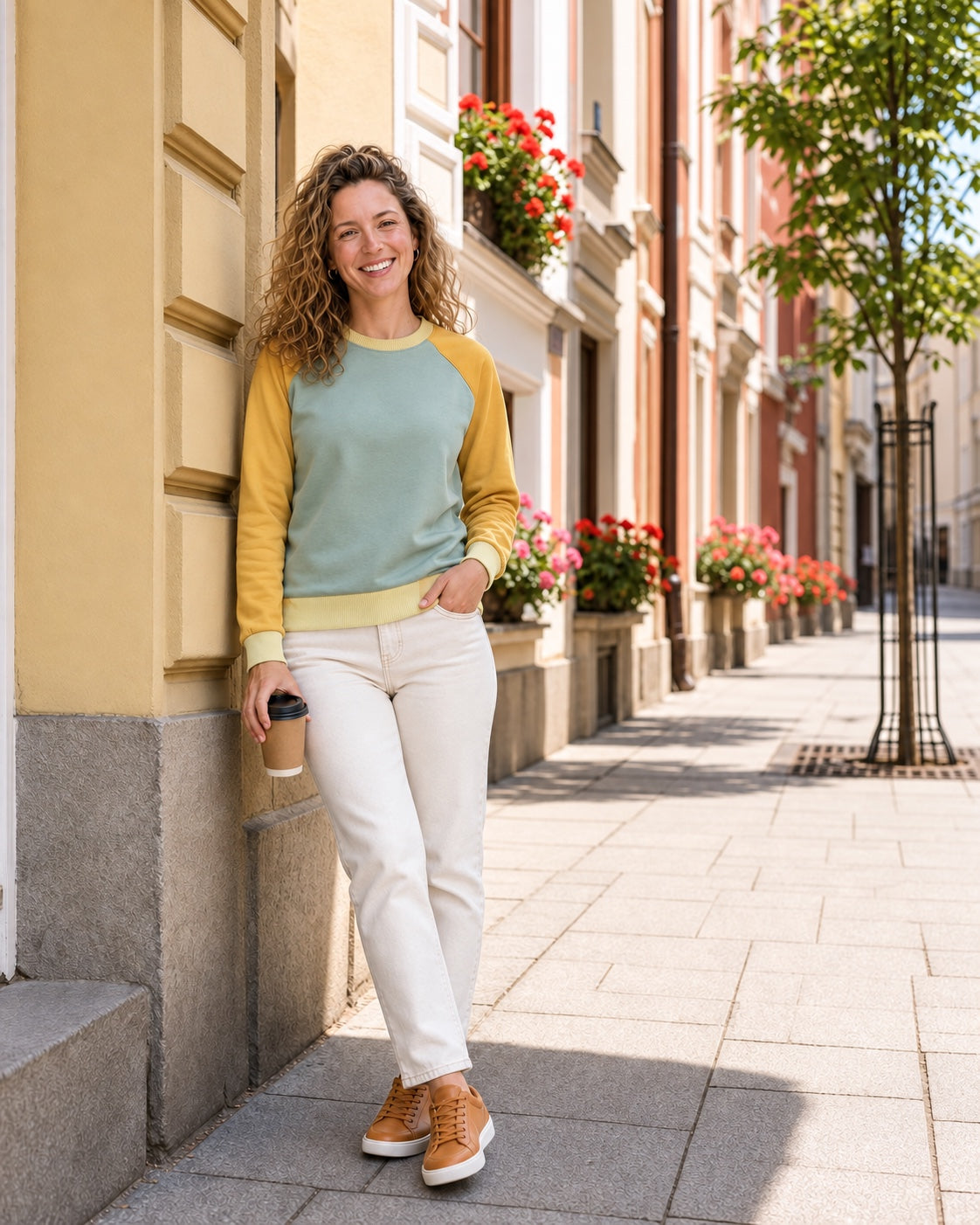 Bluza raglan zieleń i żółć na modelce, miasto (hover)