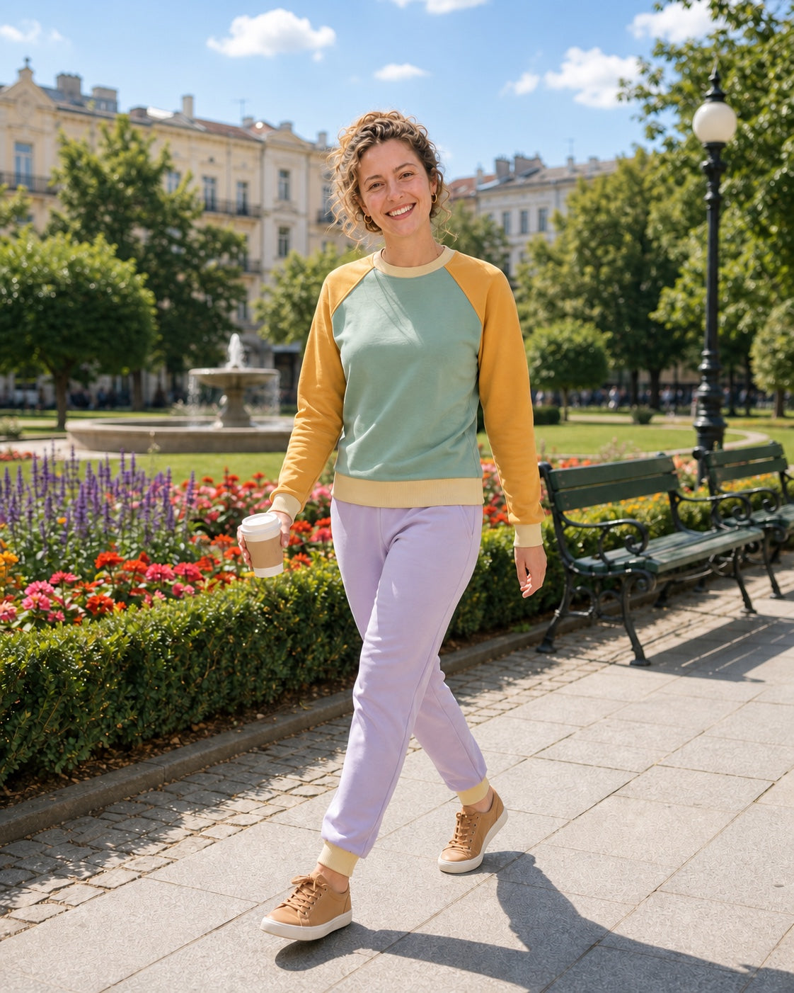 Bluza raglan zieleń i żółć w komplecie z lawendowymi spodniami, park