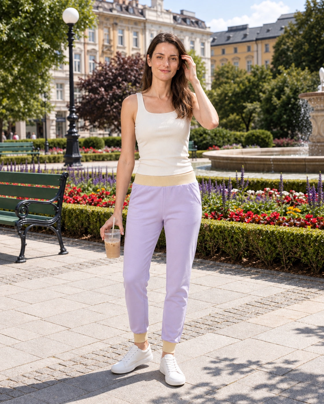 Spodnie dresowe lawenda na modelce, park (hover)