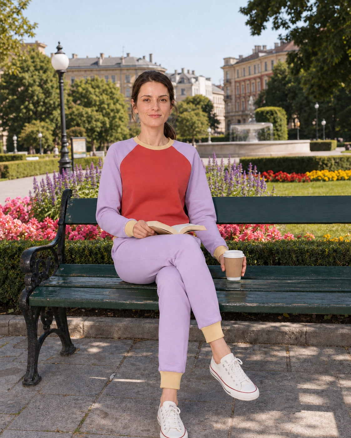 Spodnie dresowe lawenda w komplecie z bluzą koral i lawenda, park