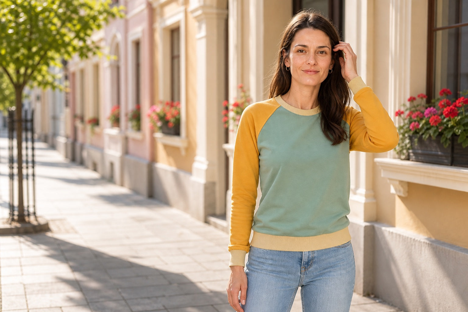 Modelka w bluzie raglan w zieleni i żółci na miejskiej uliczce
