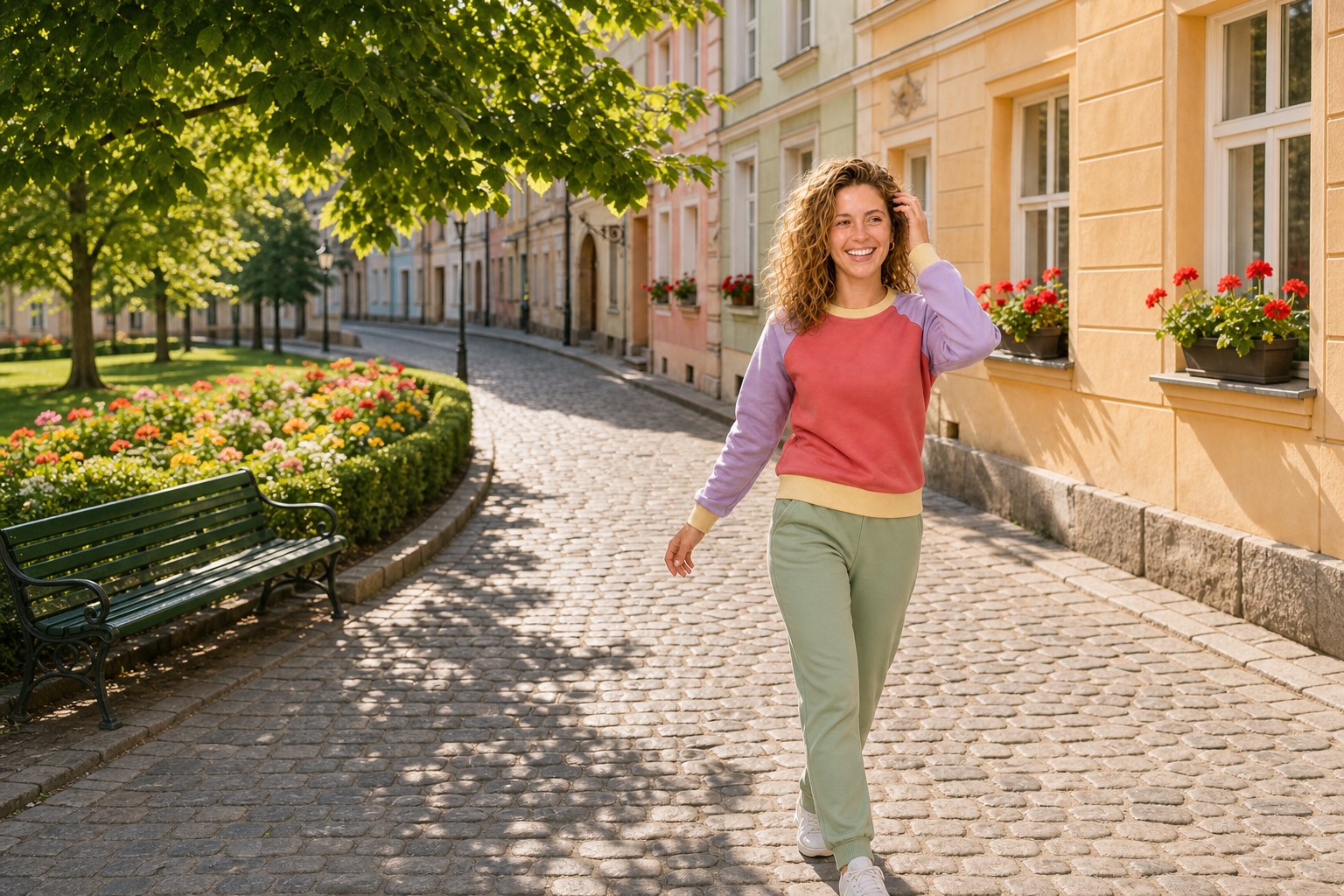 Roześmiana kobieta w bluzie color-block koral i lawenda i zielonych spodniach dresowych na kolorowej uliczce starego miasta