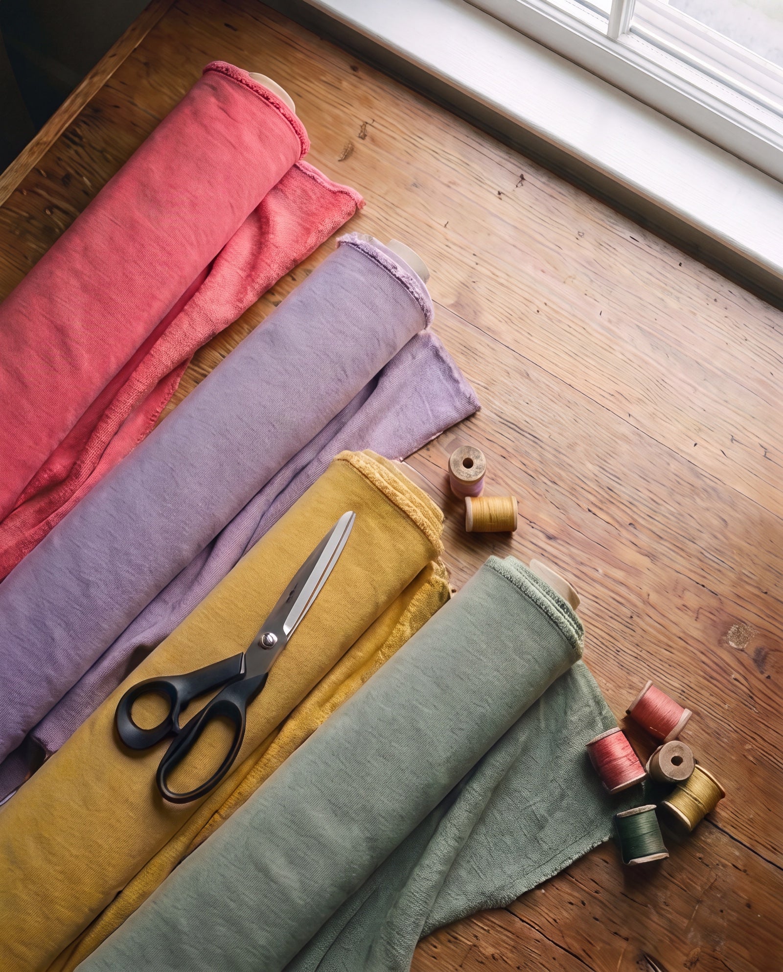 Flat lay materiałów pracowni SELVARRA — rolki dresówki w paletach koral, lawenda, żółć, sage z nożyczkami i szpulami nici